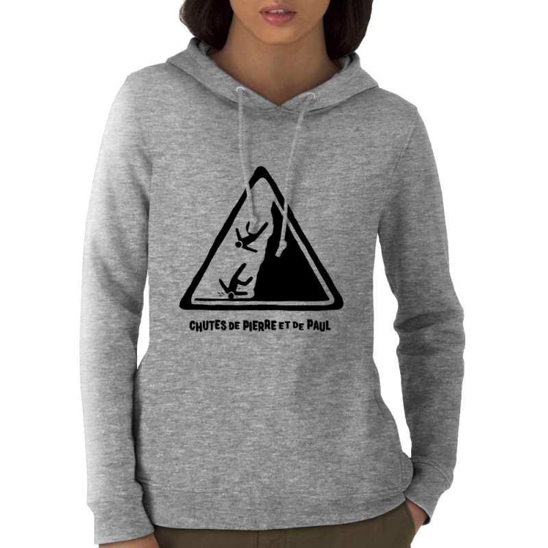 Sweat femme à capuche coton bio gris chiné Chutes de Pierre et de Paul (Gondrax,Humour)