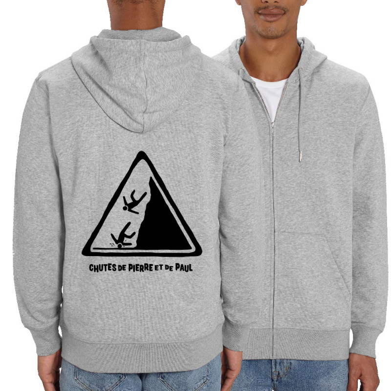 Sweat homme zippé à capuche coton bio gris chiné Chutes de Pierre et de Paul (Gondrax,Humour)