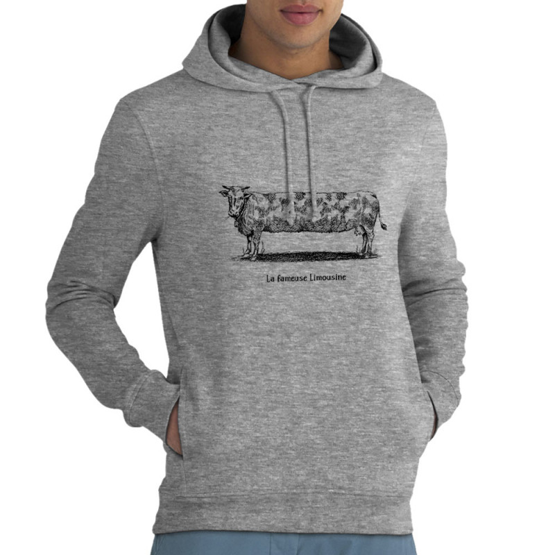 Sweat homme à capuche coton bio gris chiné La fameuse Limousine (Gondrax,Les Bébêtes,Animaux,Humour)