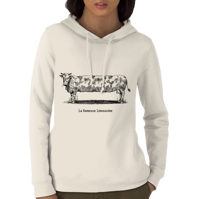 Sweat femme à capuche coton bio naturel La fameuse Limousine (Gondrax,Les Bébêtes,Animaux,Humour)