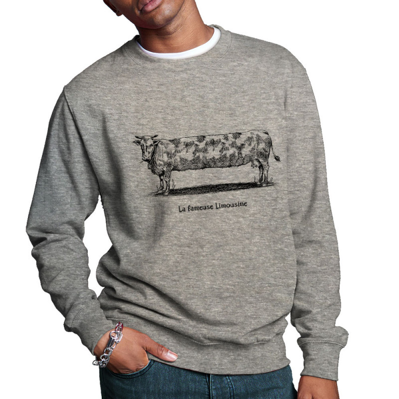 Sweat homme col rond gris chiné La fameuse Limousine (Gondrax,Les Bébêtes,Animaux,Humour)