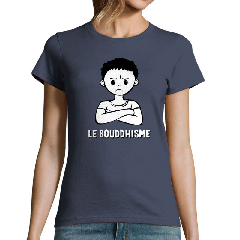 T-shirt femme bleu denim Le Bouddhisme Garçon (Gondrax,Humour)