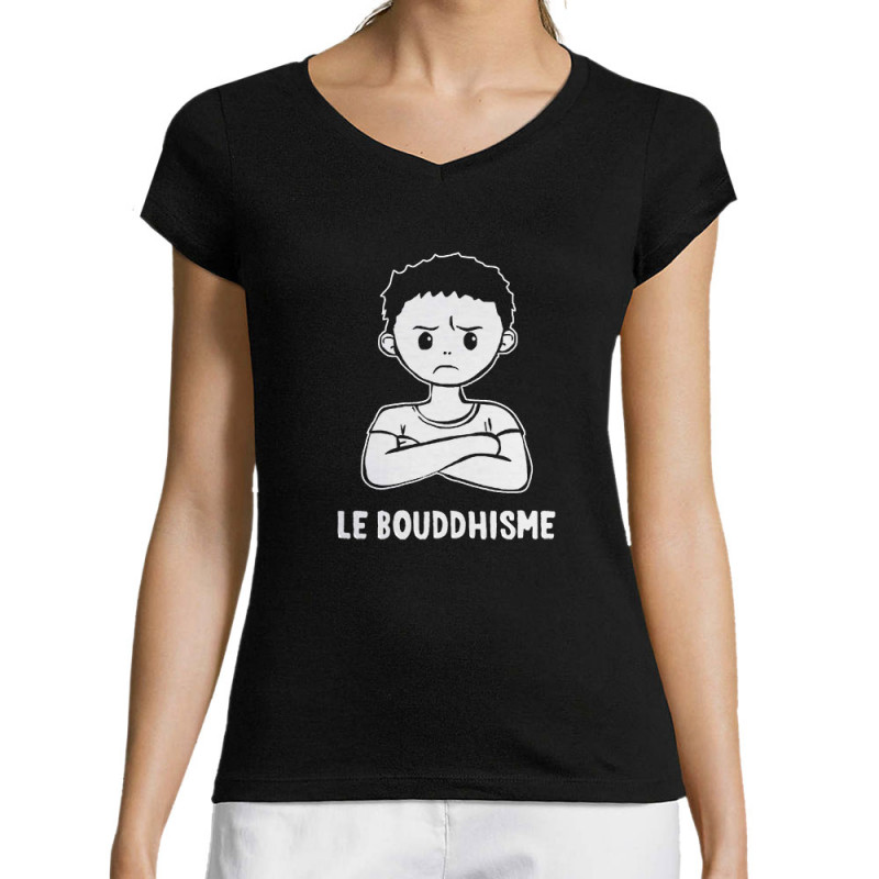 T-shirt femme col V noir Le Bouddhisme Garçon (Gondrax,Humour)