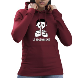 Sweat femme à capuche bordeaux Le Bouddhisme Garçon (Gondrax,Humour)