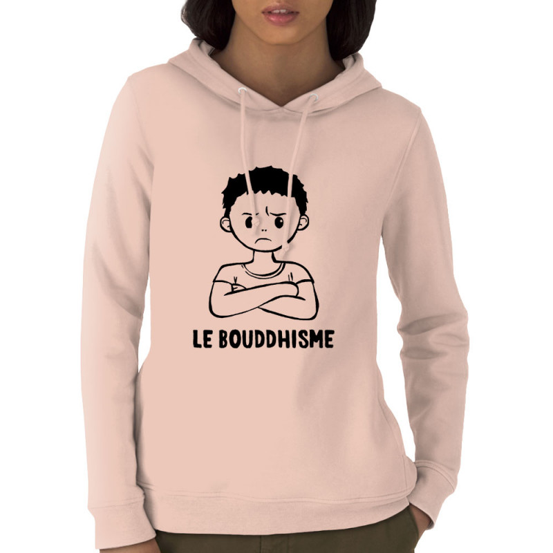 Sweat femme à capuche coton bio rose clair Le Bouddhisme Garçon (Gondrax,Humour)