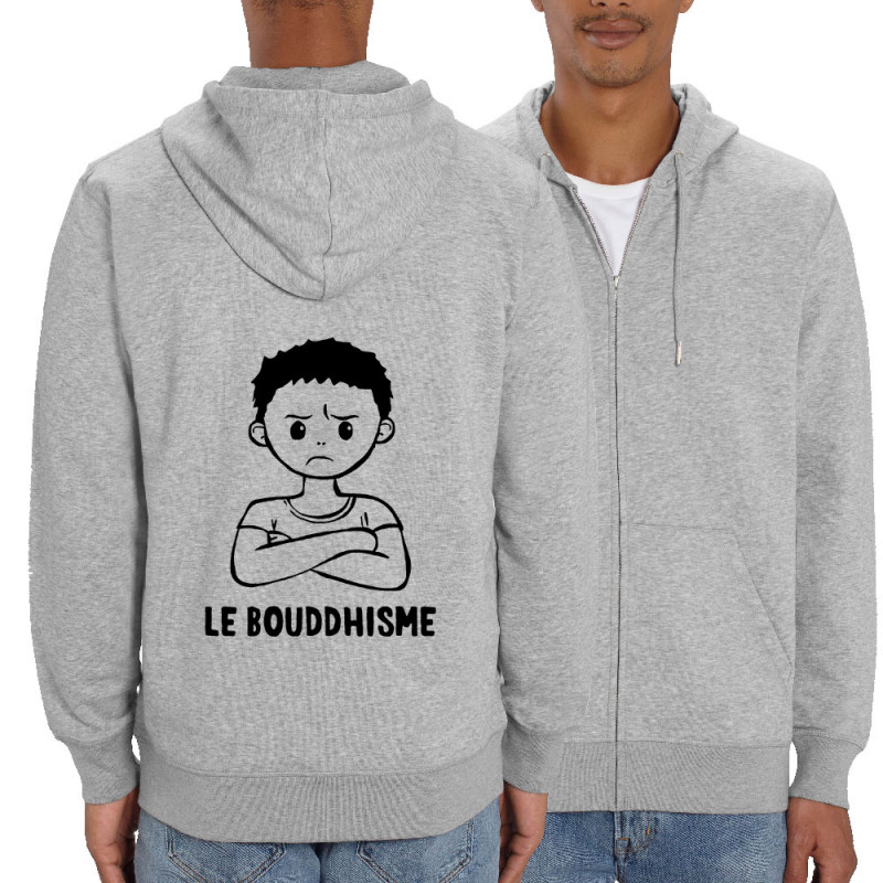 Sweat homme zippé à capuche coton bio gris chiné Le Bouddhisme Garçon (Gondrax,Humour)