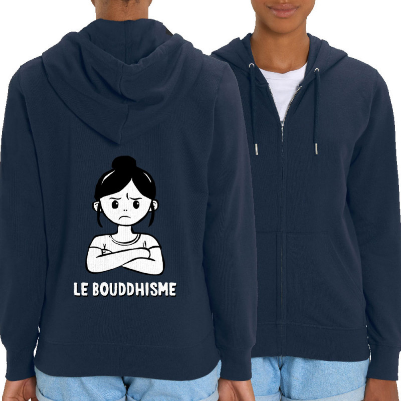 Sweat femme zippé à capuche coton bio bleu marine Le Bouddhisme Fille (Gondrax,Humour)