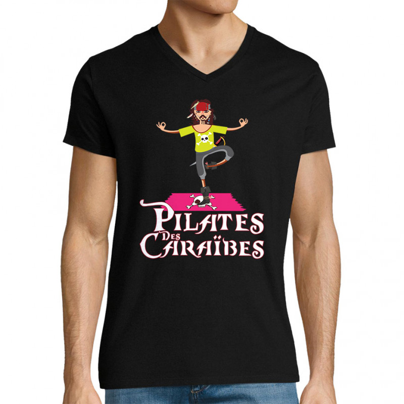 T-shirt homme col V noir Pilates des Caraïbes (Andy,Humour)