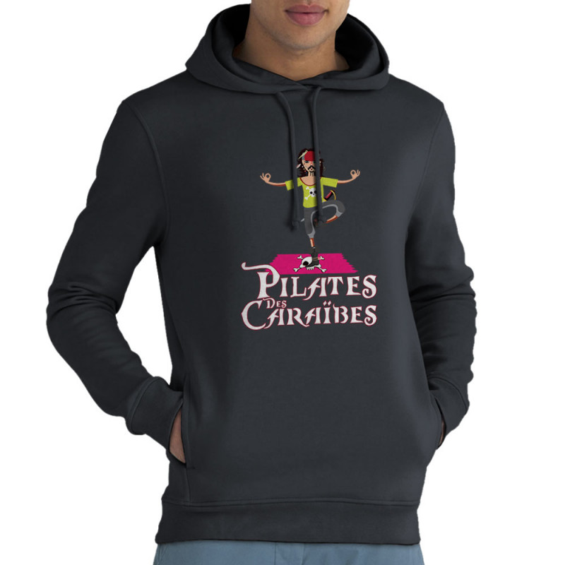 Sweat homme à capuche coton bio gris anthracite Pilates des Caraïbes (Andy,Humour)