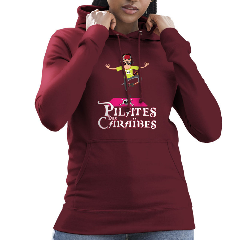 Sweat femme à capuche bordeaux Pilates des Caraïbes (Andy,Humour)