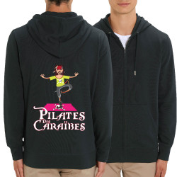 Sweat homme zippé à capuche coton bio noir Pilates des Caraïbes (Andy,Humour)
