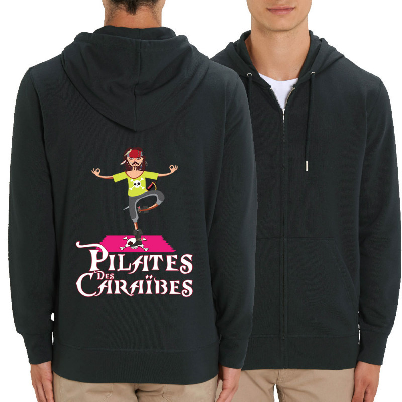 Sweat homme zippé à capuche coton bio noir Pilates des Caraïbes (Andy,Humour)