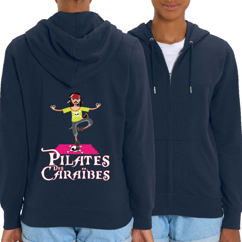 Sweat femme zippé à capuche coton bio bleu marine Pilates des Caraïbes (Andy,Humour)