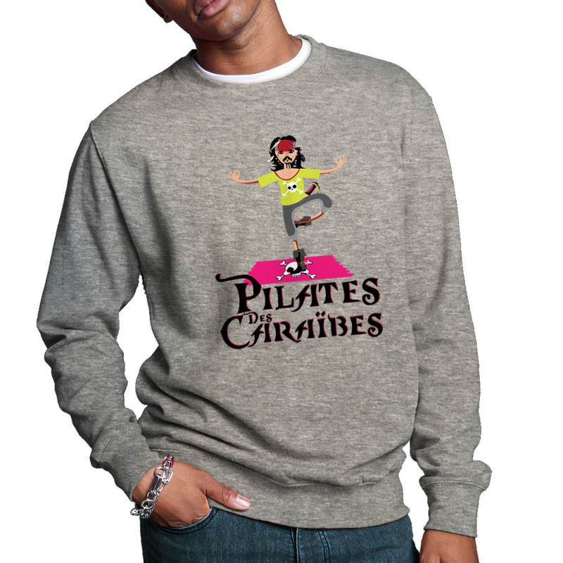 Sweat homme col rond gris chiné Pilates des Caraïbes (Andy,Humour)