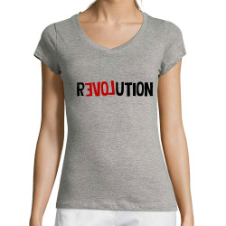 T-shirt femme col V gris chiné Revolution Love (Andy,Slogans engagés)