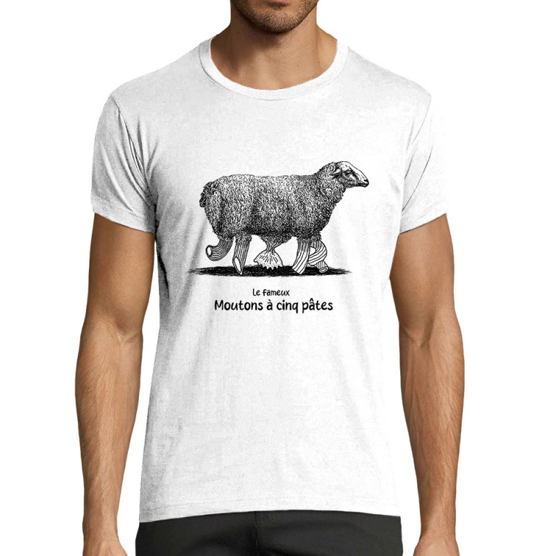 T-shirt homme fit blanc Le fameux mouton à 5 pâtes (Gondrax,Les Bébêtes,Animaux,Humour)