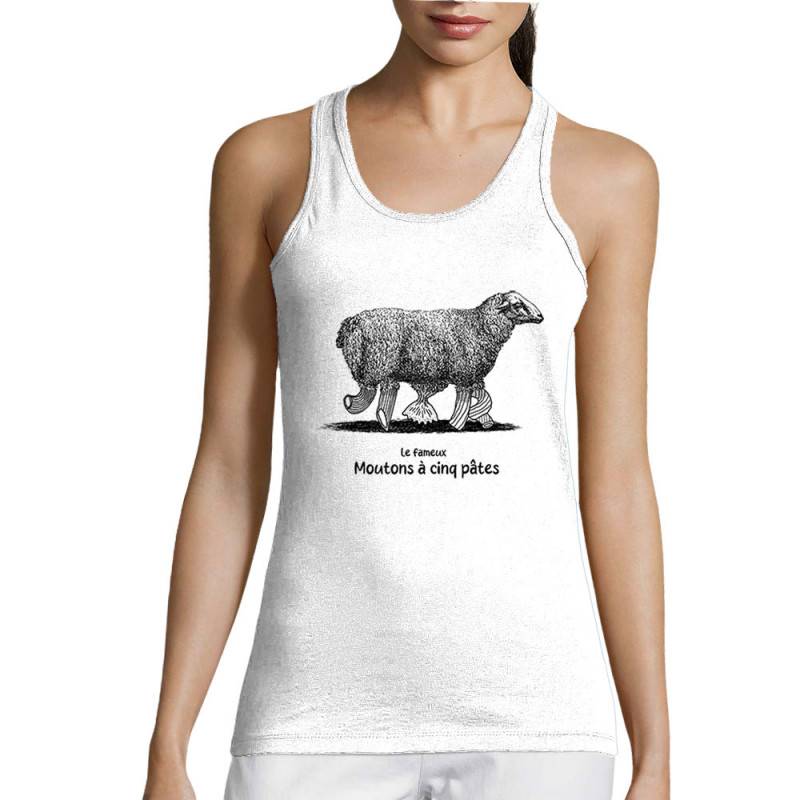 Débardeur femme blanc Le fameux mouton à 5 pâtes (Gondrax,Les Bébêtes,Animaux,Humour)