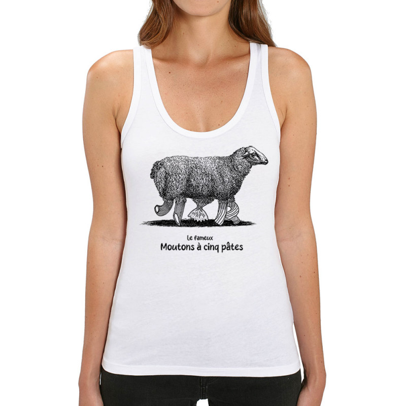 Débardeur femme coton bio blanc Le fameux mouton à 5 pâtes (Gondrax,Les Bébêtes,Animaux,Humour)
