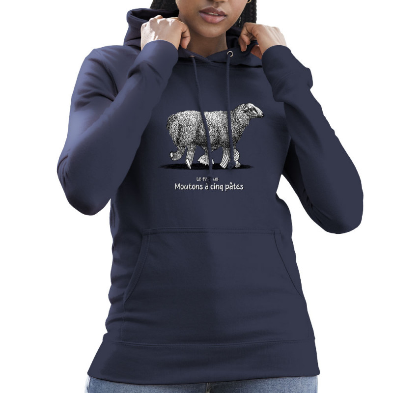 Sweat femme à capuche bleu marine Le fameux mouton à 5 pâtes (Gondrax,Les Bébêtes,Animaux,Humour)