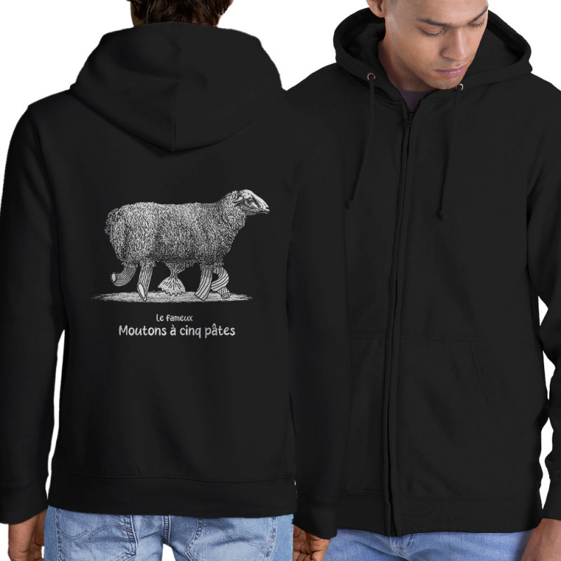 Sweat homme à capuche zippé noir Le fameux mouton à 5 pâtes (Gondrax,Les Bébêtes,Animaux,Humour)