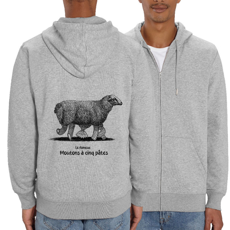 Sweat homme zippé à capuche coton bio gris chiné Le fameux mouton à 5 pâtes (Gondrax,Les Bébêtes,Animaux,Humour)