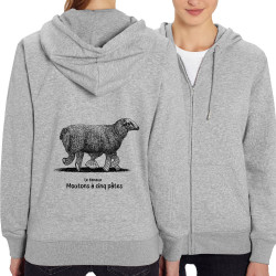 Sweat femme zippé à capuche coton bio gris chiné Le fameux mouton à 5 pâtes (Gondrax,Les Bébêtes,Animaux,Humour)