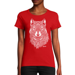 T-shirt femme coton bio rouge Bad River - The Wolf (Taïry Greene,Bad River,Animaux)