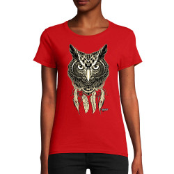 T-shirt femme coton bio rouge Bad River - Little Owl (Bad River,Animaux,Ethnique)