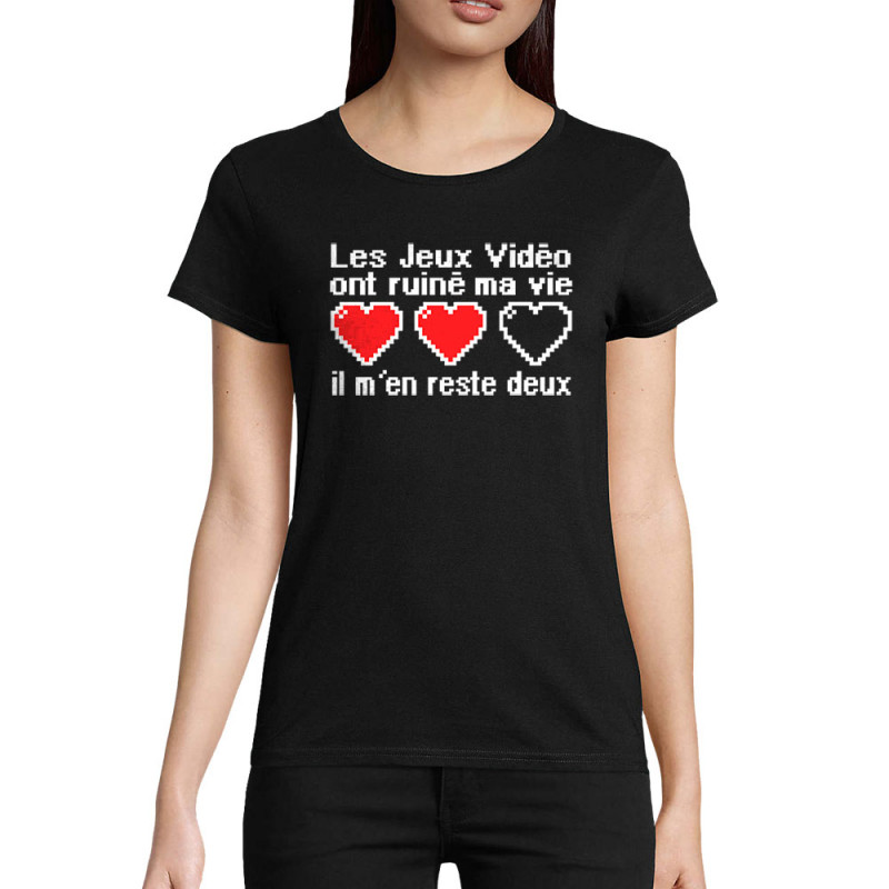 T-shirt femme coton bio noir Les jeux vidéo ont ruiné ma vie (Humour,Jeux Vidéo / Geek)