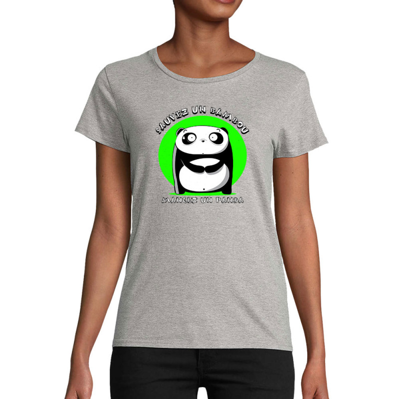 T-shirt femme coton bio gris chiné Sauvez un bambou Mangez un panda (Pandaluna,Animaux,Humour,Manga Kawaï japan)