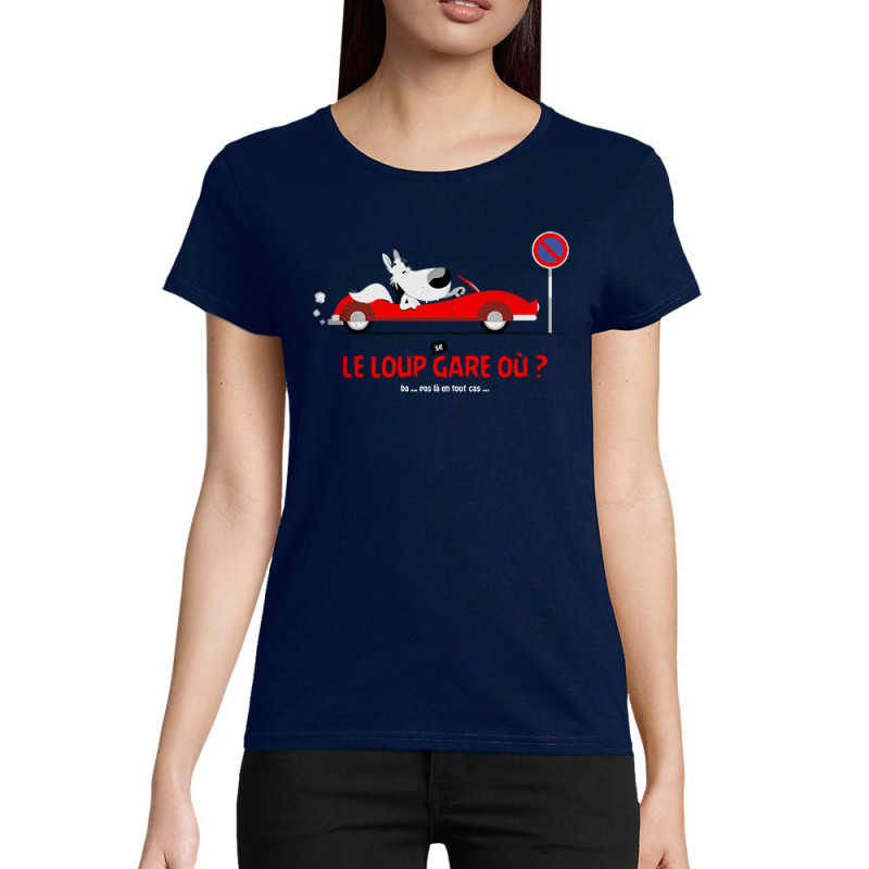T-shirt femme coton bio bleu marine Le Loup se gare où (Pandaluna,Animaux,Humour)