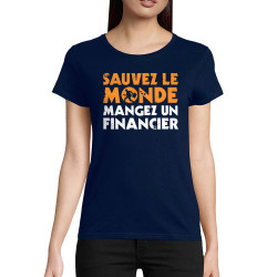 T-shirt femme coton bio bleu marine Sauvez le monde (Ted Boundy,Slogans engagés,Humour)