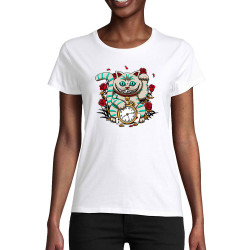 T-shirt femme coton bio blanc Lucky Alice Cat (Le Duc,Animaux,Chats)