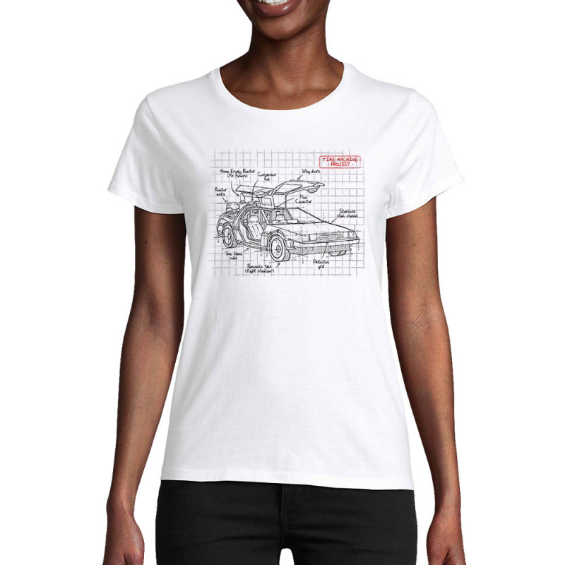 T-shirt femme coton bio blanc Dolorean Plan (Le Duc,Films/Séries)