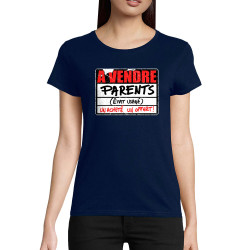 T-shirt femme coton bio bleu marine A vendre parents (Gondrax,Humour)