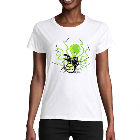 T-shirt femme coton bio blanc Poulpy Drum (Animaux,Humour,Ted Boundy)