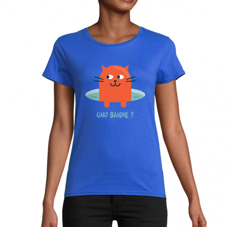 T-shirt femme coton bio bleu royal Chat baigne ? (Alex Kidd,Animaux,Humour,Chats)