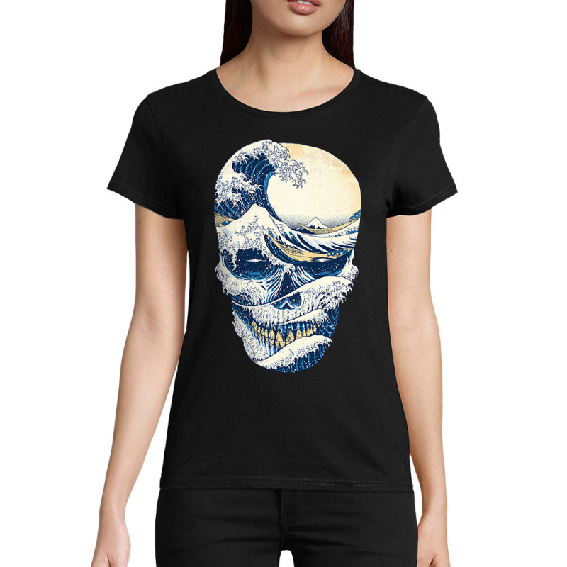 T-shirt femme coton bio noir Hokusai Wave Skull (Têtes de morts,Amazon,Hokusaï,Musée)
