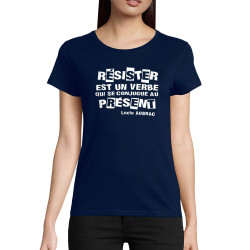 T-shirt femme coton bio bleu marine Résister est un verbe qui  se conjugue au présent (Slogans engagés)