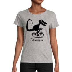 T-shirt femme coton bio gris chiné Vélociraptor (Andy,Humour,Animaux,Vélo)