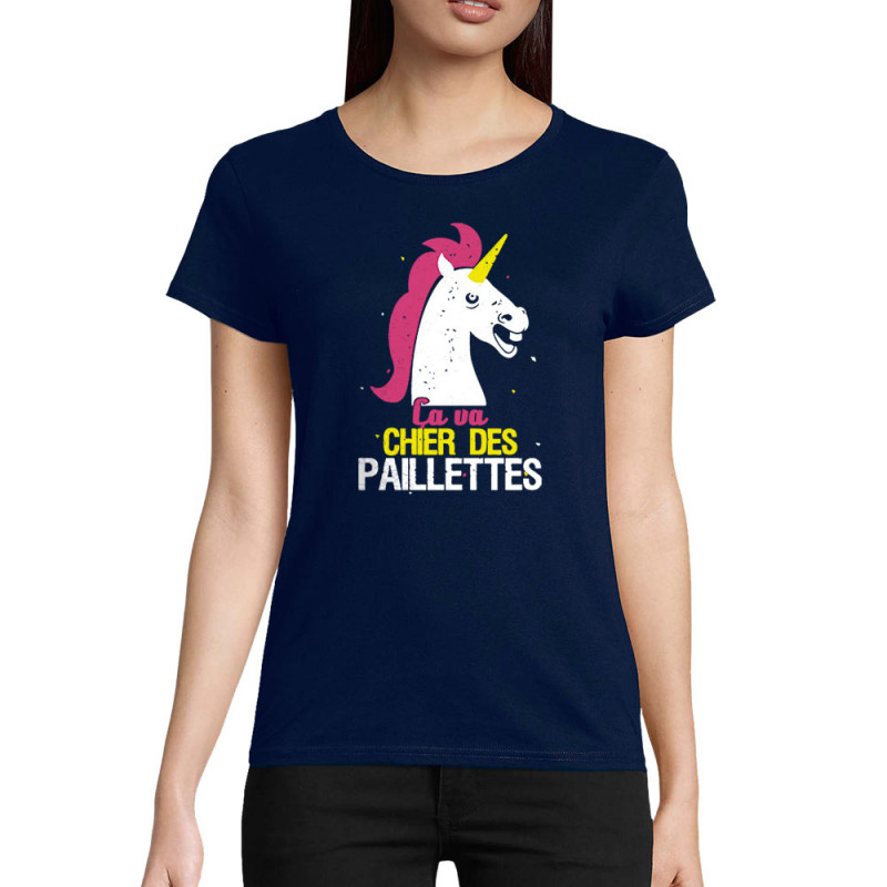 T-shirt femme coton bio bleu marine Ca va chier des paillettes (Animaux,Humour,Amazon,Zewa)