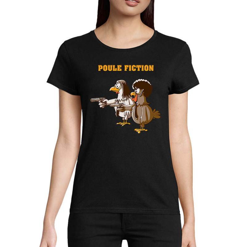 T-shirt femme coton bio noir Poule Fiction (Mr Mouton,Animaux,Films/Séries)