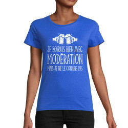 T-shirt femme coton bio bleu royal Je boirais bien avec modération (Gondrax,Humour,Alcool)