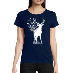 T-shirt femme coton bio bleu marine Deer Butterfly (Caffein Art,Animaux,Ethnique)