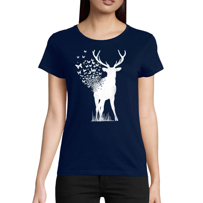 T-shirt femme coton bio bleu marine Deer Butterfly (Caffein Art,Animaux,Ethnique)