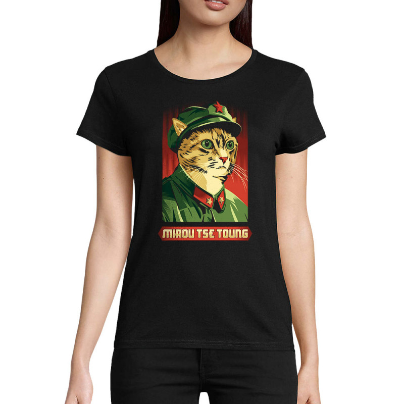 T-shirt femme coton bio noir Miaou Tse Toung (Animaux,Humour,Chats)