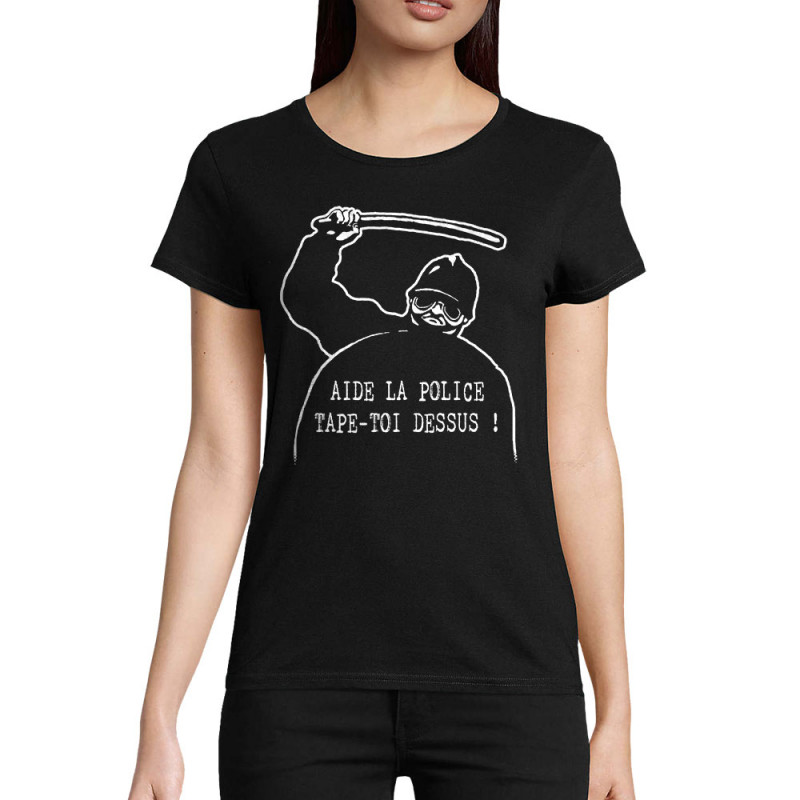 T-shirt femme coton bio noir Aide la police (Slogans engagés,Humour)