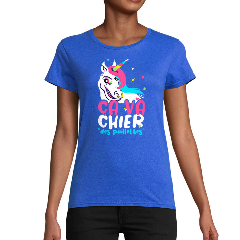 T-shirt femme coton bio bleu royal Ca va chier des paillettes 2 (Zewa,Animaux,Humour)