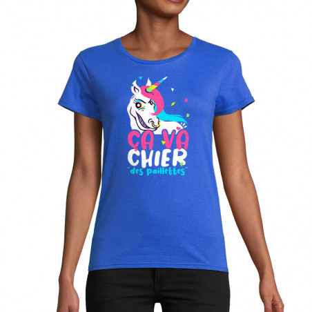 T-shirt femme coton bio bleu royal Ca va chier des paillettes 2 (Zewa,Animaux,Humour)
