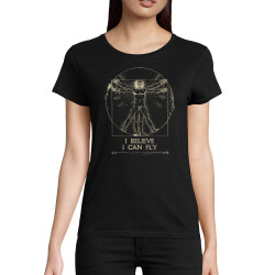 T-shirt femme coton bio noir I can fly Vitruve (Gondrax,Humour,Musée,Homme de Vitruve)